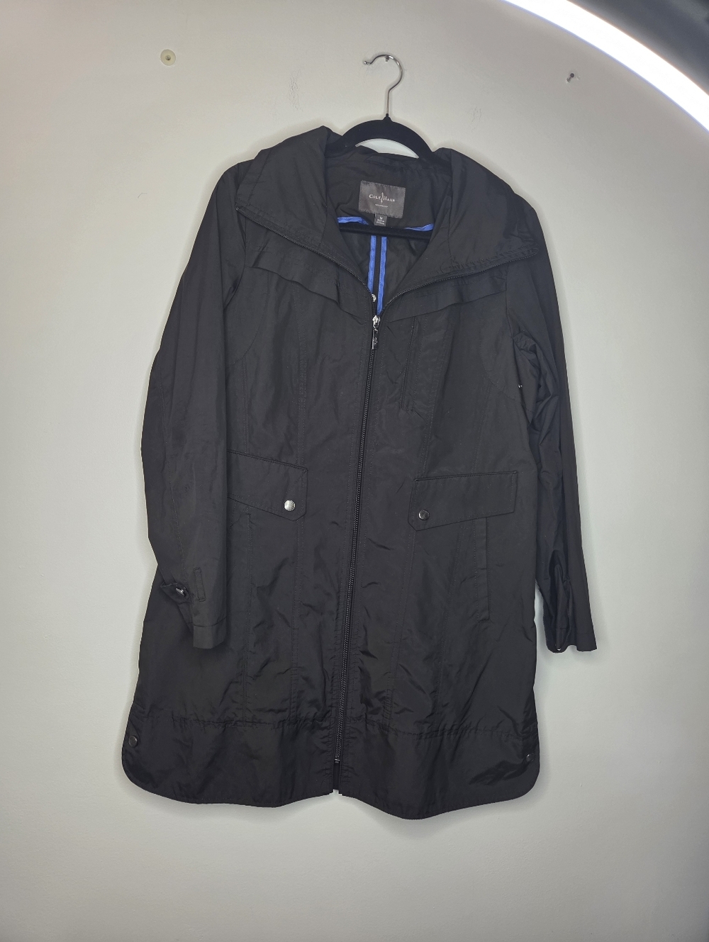 Cole Haan Black Rain Jacket with Packable Hood with Royal Blue Trim